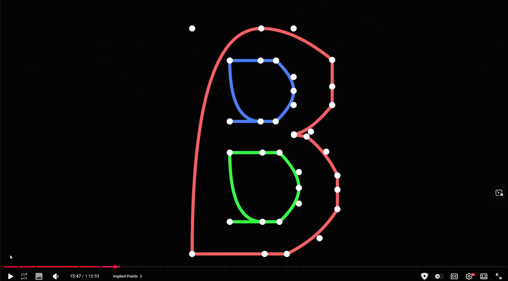 An example from the video showing how curves are mangled when the
control points of the Bézier curves are not well understood. Further down the
video this gets fixed when the presenter explains about implied points.